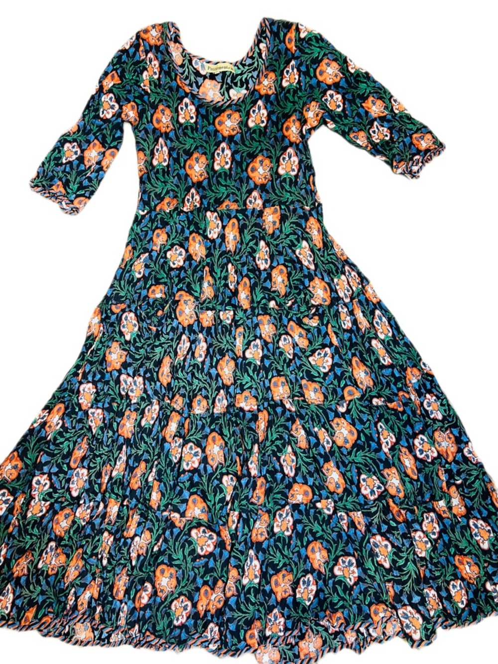 Passementrie Floral Tiered Midi Dress Boho Peasant Black Orange XS - Picture 6 of 12